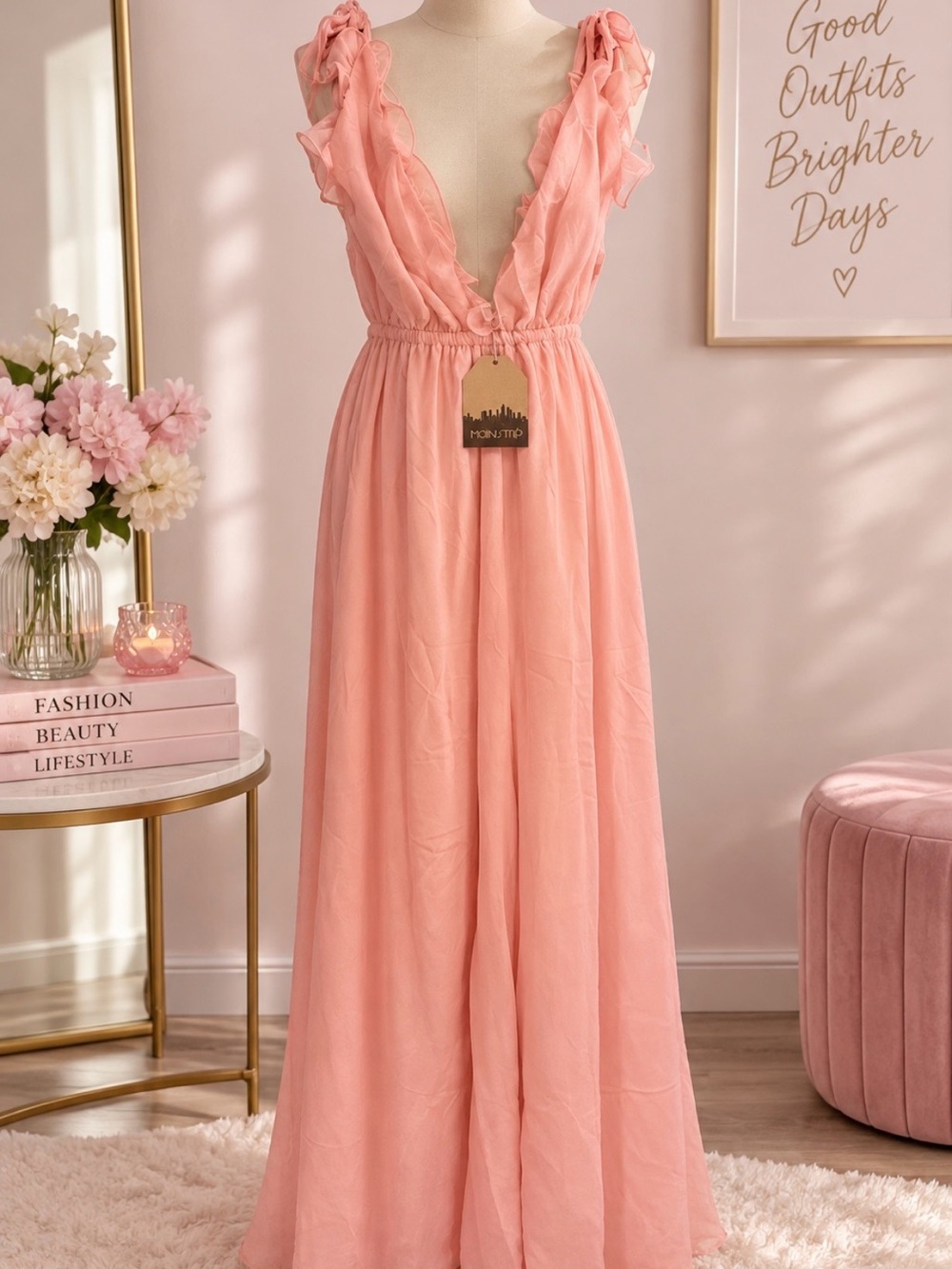 Main Strip Light Pink Chiffon Chemise Jumpsuit with Elastic Waist